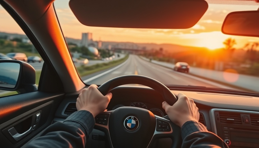 Open road view with sunset from a car, hands on wheel.