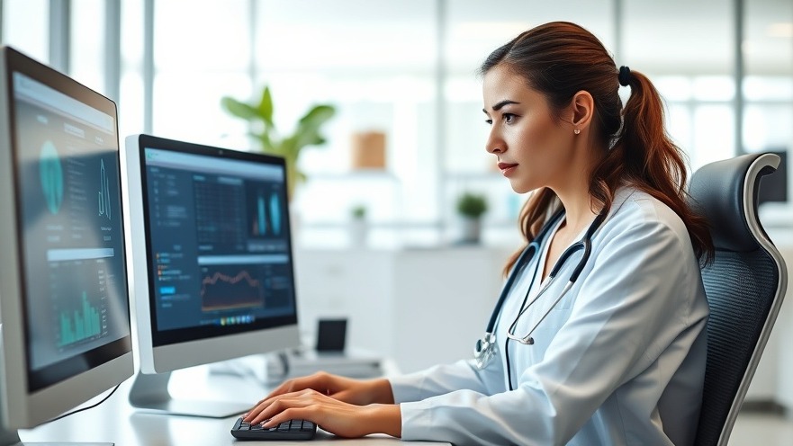Focused female healthcare professional enhancing healthcare efficiency by reviewing electronic data.