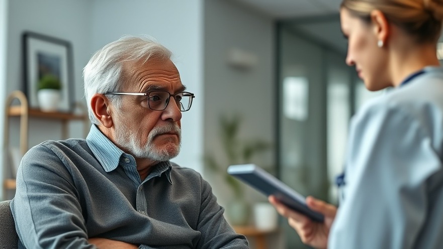 Older man discussing healthcare challenges in dementia with a professional.