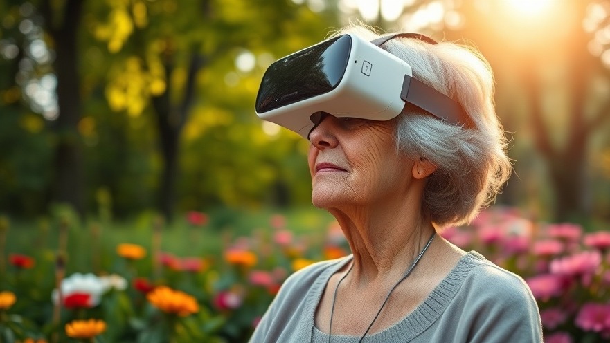 Older woman using virtual reality therapy for chronic pain management, surrounded by lush nature.