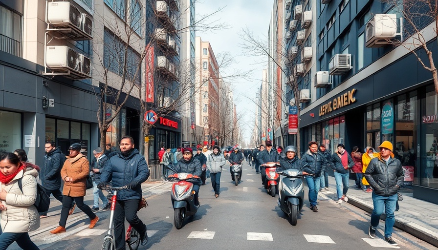 Urban street in Chinese city with modern buildings and winter scenery.