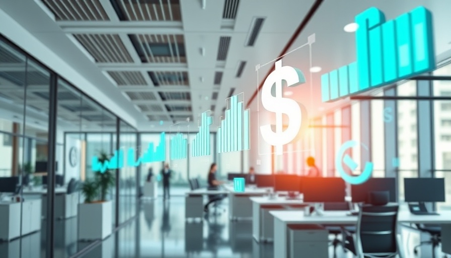 Modern office setting with digital finance symbols, streamline business payments.
