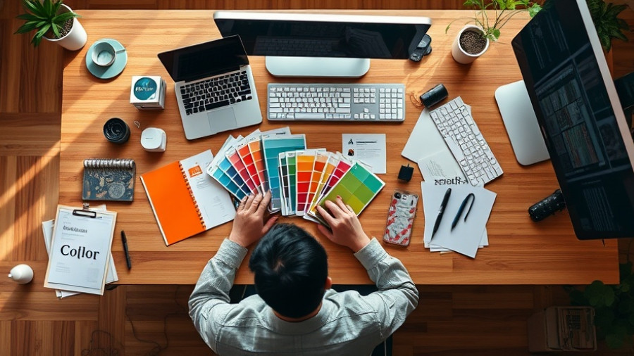 Designer crafting brand identity design on a wooden desk.