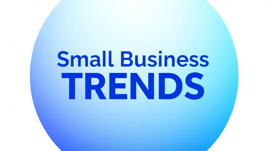 Sleek blue gradient logo 'Small Business TRENDS' in modern design.