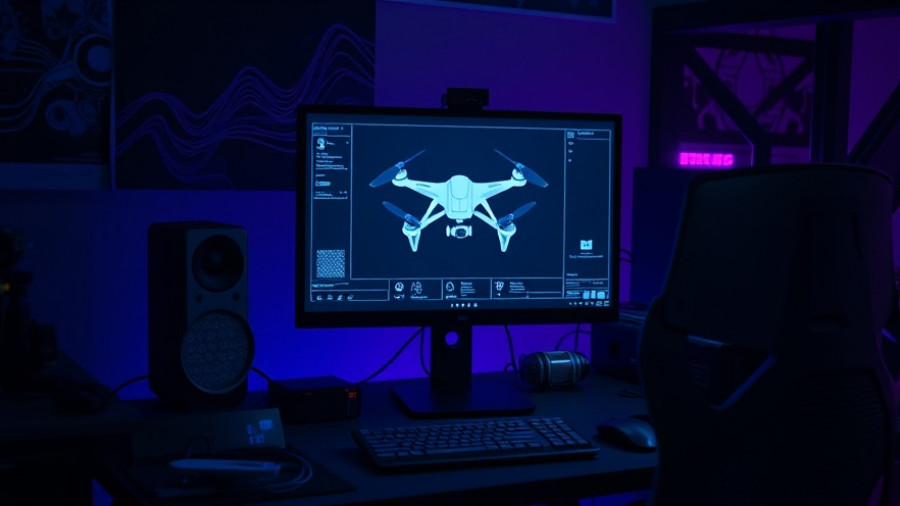 Futuristic computer setup displaying drone blueprint, capturing cyber espionage.