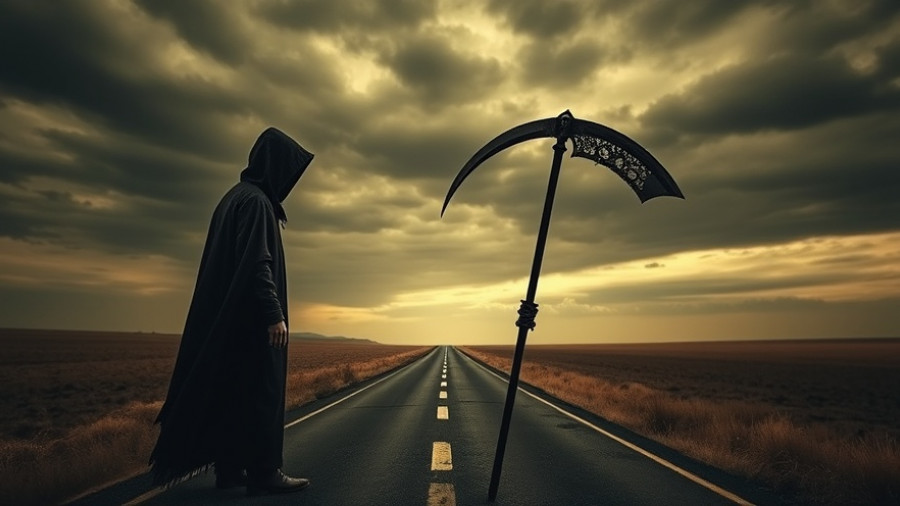 Ominous figure with scythe on road symbolizes Adobe Commerce vulnerability.
