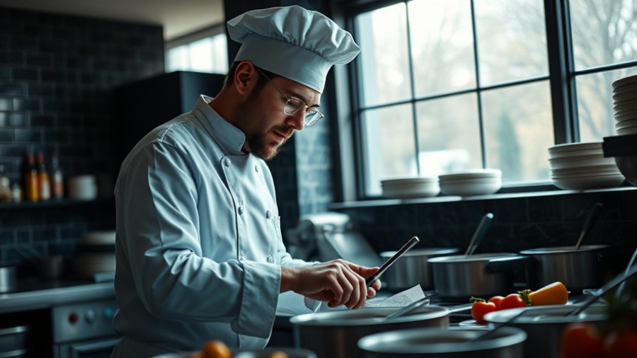 Chef focused on cooking in a modern kitchen with large window and dark marble walls.