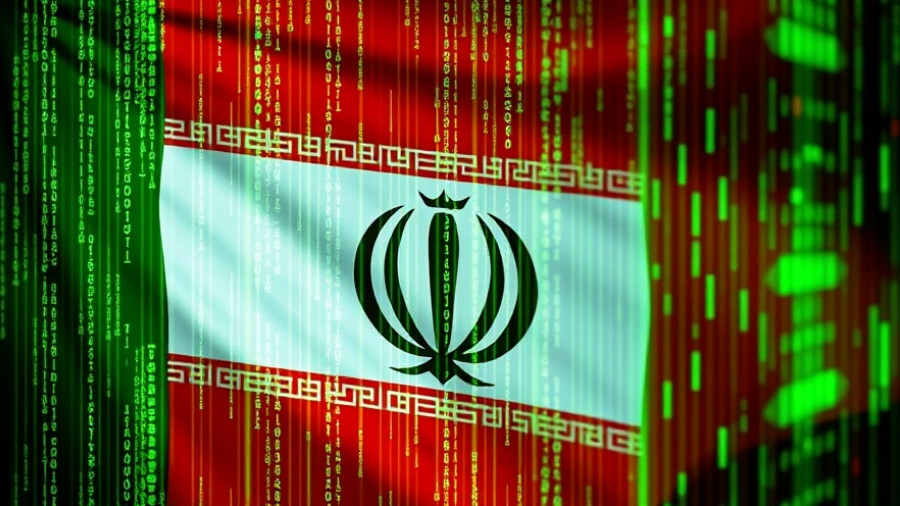 Iranian flag with digital code representing cybersecurity threats.