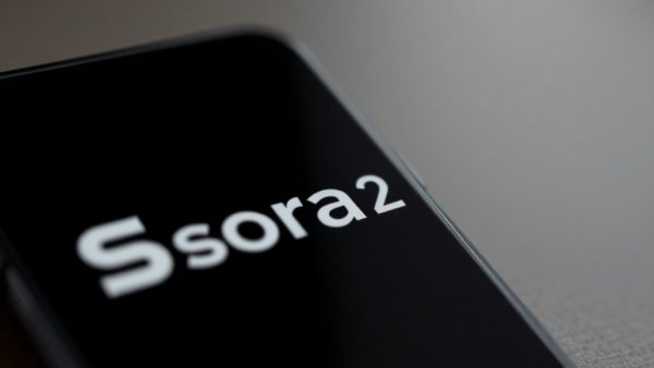 Sora 2 logo on smartphone with deepfake technology theme