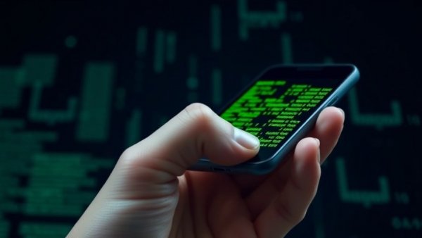 Hand holding smartphone with digital code, symbolizing Landfall Malware Samsung Galaxy.