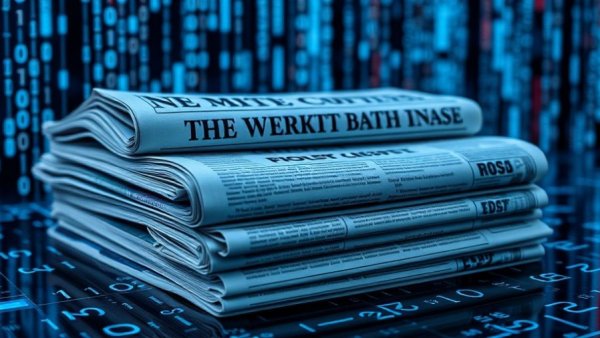 Cybersecurity Recap on newspaper stack in digital binary space.