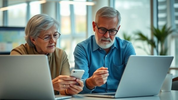 Seniors learning cybersecurity on devices in office.