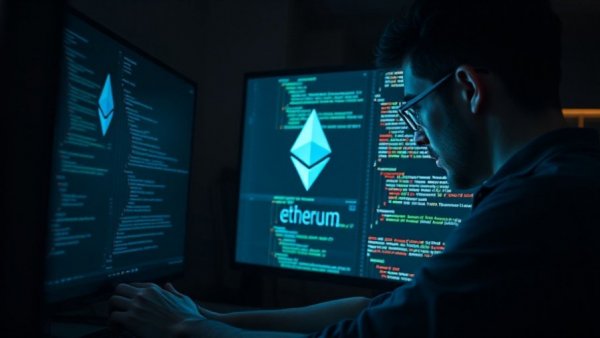 Coder working on Ethereum-related code in dark room, symbolizing fake Chrome extension threat.