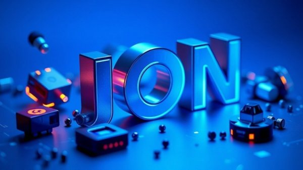 3D JSON objects on blue background, North Korean hackers JSON services theme.