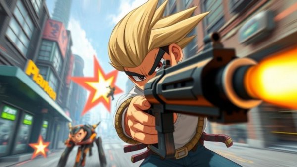 Dynamic animated character in action firing weapon, cinematic style.