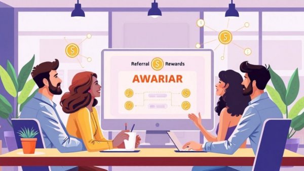 Illustration of a Referral Rewards Program with professionals in an office setting.