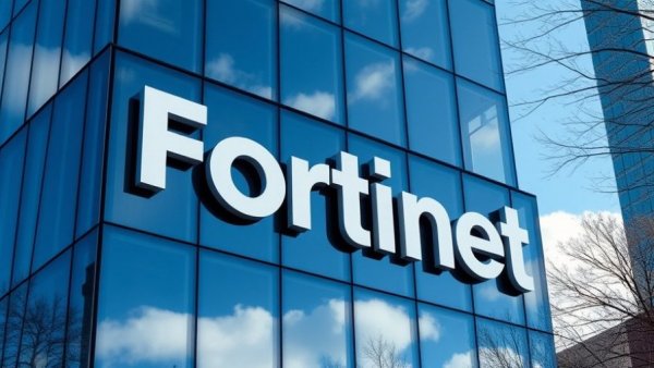 Fortinet building showcasing company logo under clear sky.