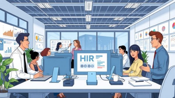 Cartoon office scene illustrating the best online HR systems.