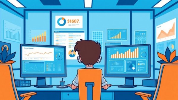 Modern cartoon office with CSAT customer satisfaction surveys displayed on monitors.