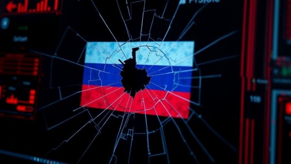 Cracked digital screen with Russian flag symbolizing APT31 cyberattacks.