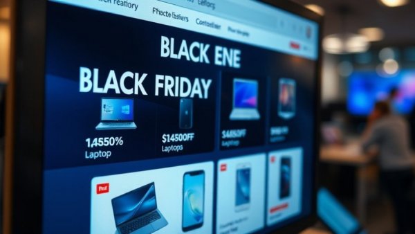 Computer screen with Black Friday deals and electronic discounts, highlighting account takeover fraud vulnerabilities.
