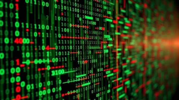 Intricate digital matrix with cyber-enabled kinetic targeting theme in binary code.