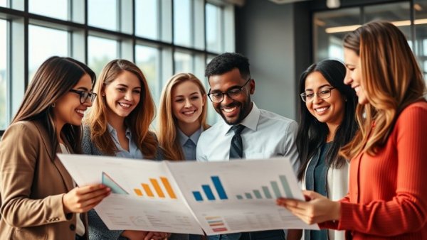 Professionals discussing charts in an office representing essential client satisfaction surveys.