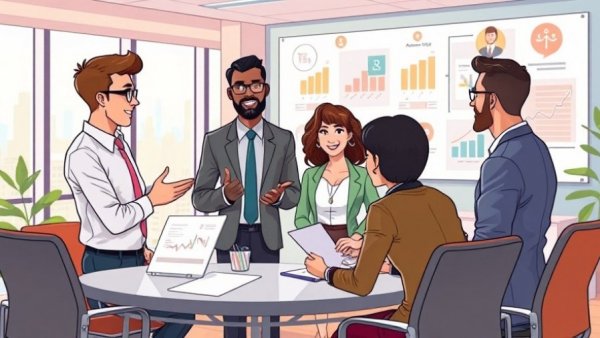 Team discussing referral marketing programs in modern office.