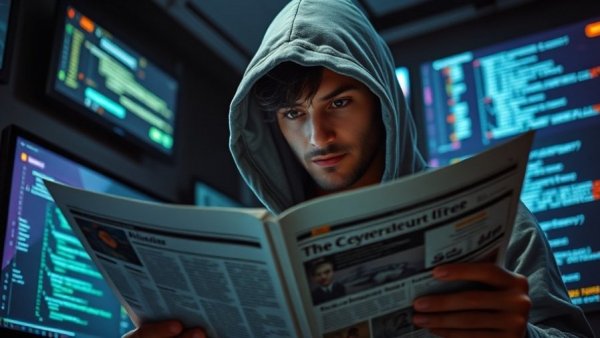 Hooded individual with cybersecurity newspaper and computer screens.