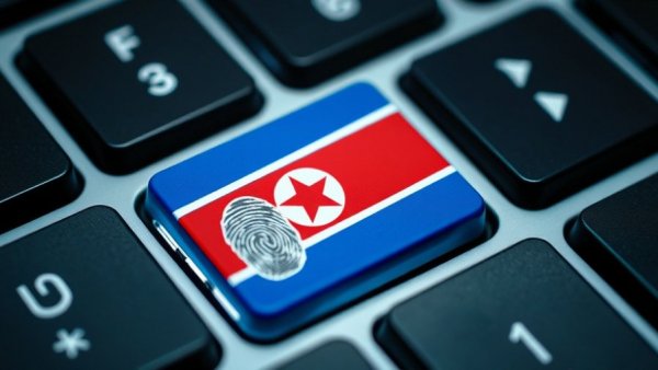 Keyboard key with North Korean flag and fingerprint symbol.