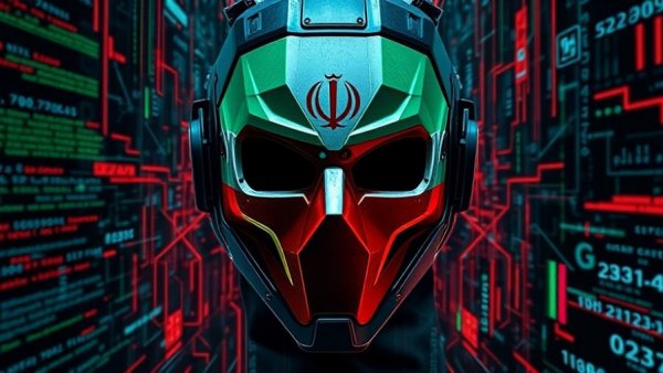 Geometric mask symbolizing Iranian cyberattacks on Israel in digital art.