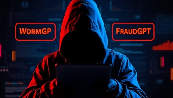 Dark silhouette with AI hacking tools in cybercrime, WormGPT and FraudGPT.