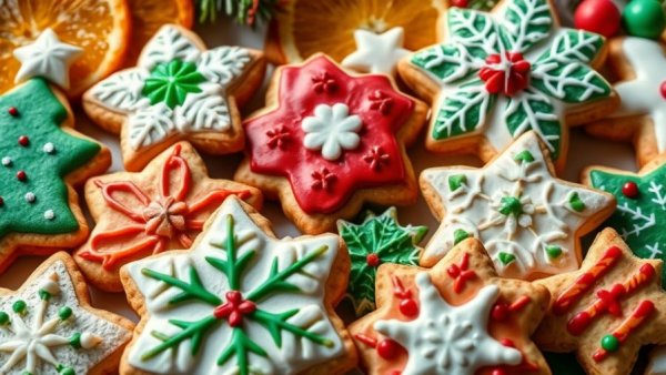 Intricate Christmas cookies with festive designs.