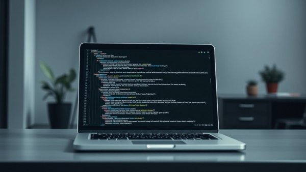 Sleek laptop displaying code in a modern office setting, AI coding tools vulnerabilities.