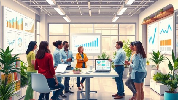 Modern office with professionals discussing customer feedback survey.