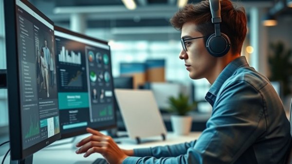 Young professional focused on monitor in modern office