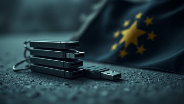 USB drives and flag, subtle lighting, EtherRAT Malware.