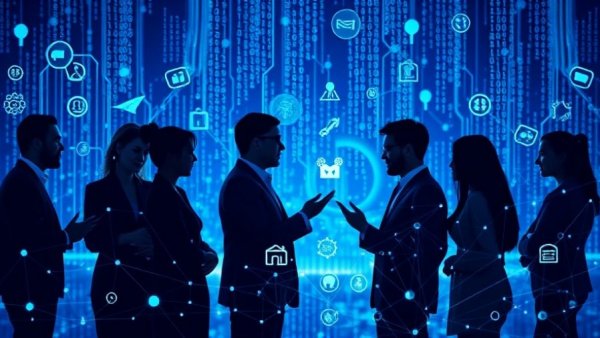 Digital realm with professionals discussing overlaid insurance icons, illustrating how Cyber Insurance MGAs shape policies.