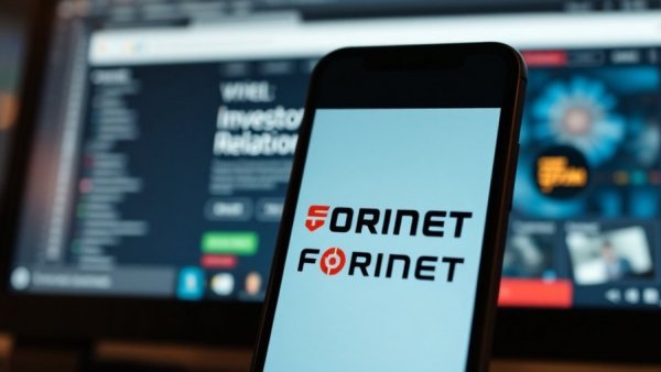Fortinet logo displayed on smartphone highlighting cybersecurity focus.