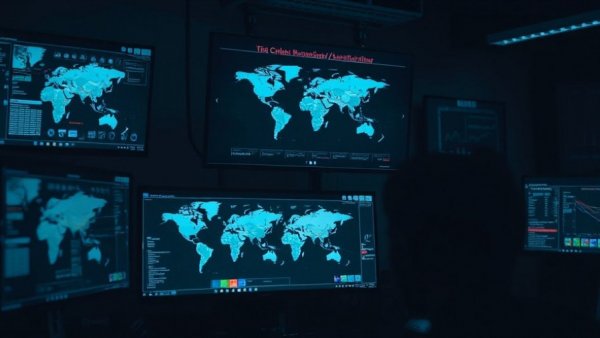 Dimly lit workspace with computer screens showing cyber monitoring tools, symbolizing Iranian Infy APT Activity.