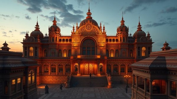 Majestic architectural complex illuminated at dusk with intricate design.