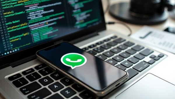WhatsApp API vulnerability represented by phone on laptop.