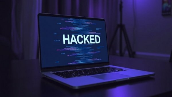 MacOS information stealer concept with 'HACKED' screen display.