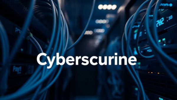 Cybersecurity Threats 2025: Network server cables with text overlay