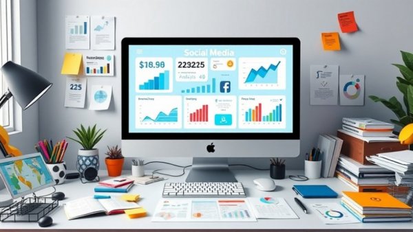 Illustrated social media content plan template with desk setup and charts.