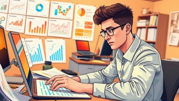 Young professional analyzing survey data examples on desk.