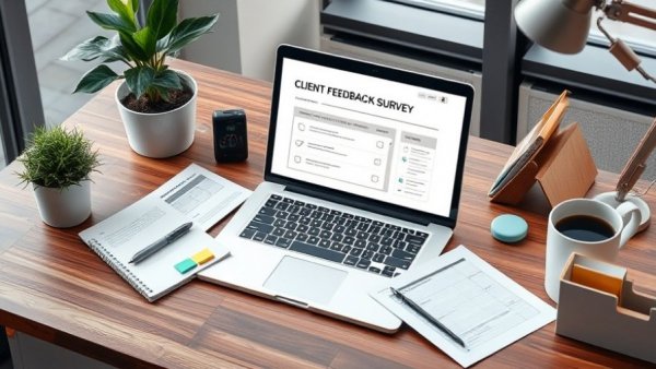 Client feedback surveys on laptop with forms and coffee on desk.