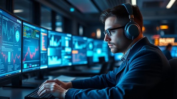 Cybersecurity professional analyzing data on multiple monitors in a futuristic setting.