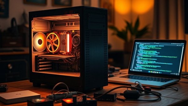 Open computer case with laptop and code in warm-lit room, related to Mustang Panda TONESHELL Backdoor.