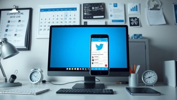 Modern workspace illustrating Twitter scheduling tools with devices and calendars.
